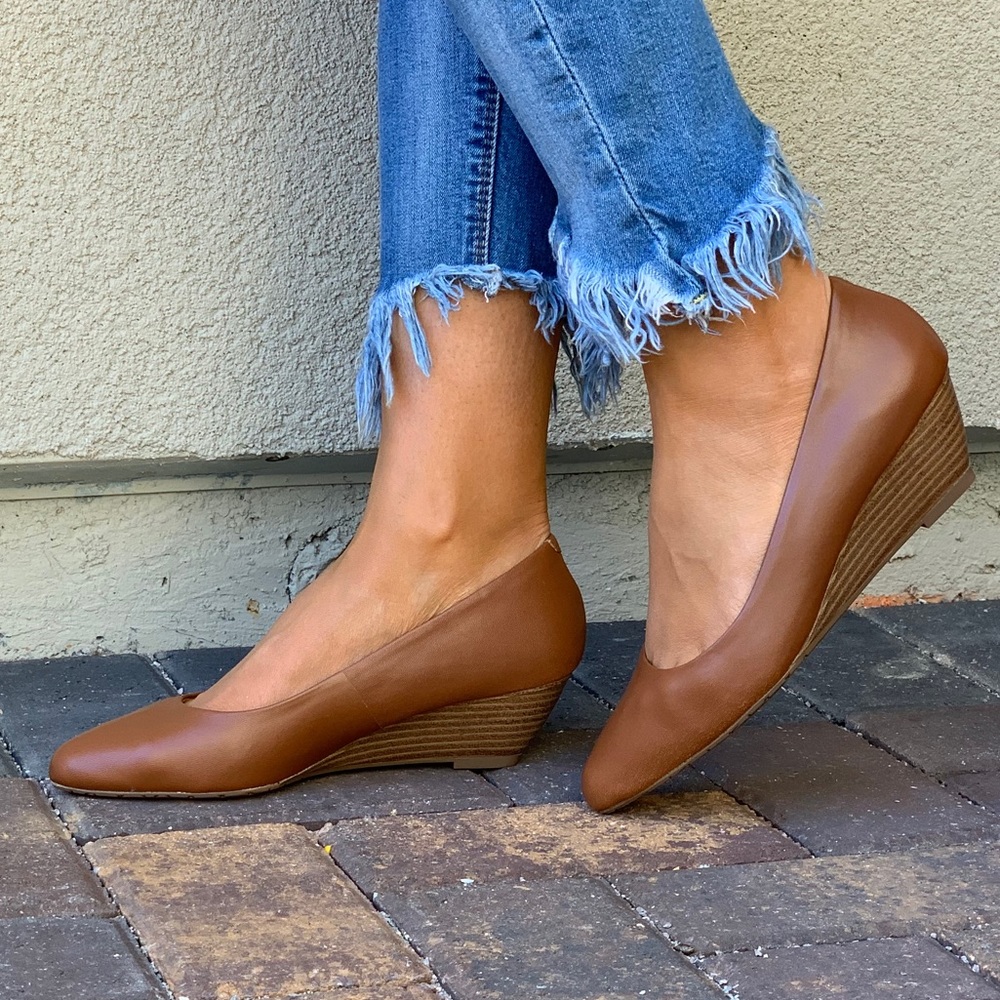 Cognac Genuine Leather Kitten Heel Wedge Pump - Picture 2 of 8